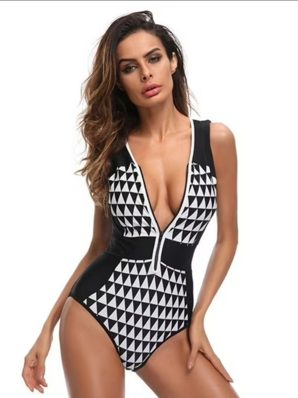 Black & White Geometric Zip-Front One-Piece Swimsuit